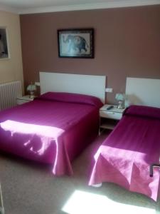 1 dormitorio con 2 camas con sábanas moradas en Casa Les Roques, en Báscara