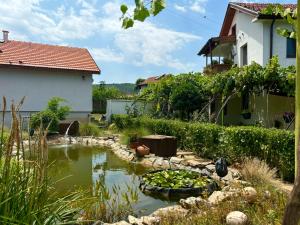 a garden with a pond with a bird in it at Вила 50 in Atiya