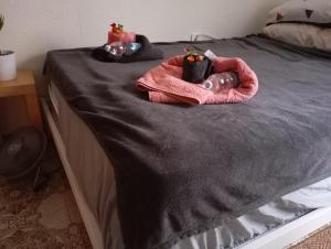 Postel nebo postele na pokoji v ubytování Großes modernes Zimmer "Silber" für 2 Personen und Katzenliebhaber