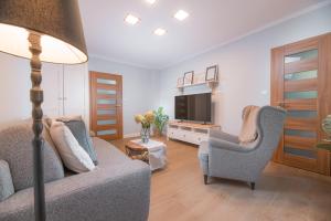a living room with two chairs and a television at Blue City apartments in Trenčín