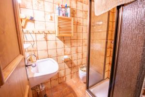 une petite salle de bain avec toilettes et lavabo dans l'établissement Höchstädter Hütte, à Königsleiten 4 autres photos