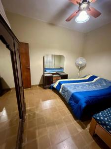 Schlafzimmer mit einem blauen Bett und einem Deckenventilator in der Unterkunft La Soñada in Alta Gracia