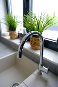 un lavello da cucina con un rubinetto e due piante in una finestra di Villa Vida a Vodice