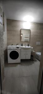 a bathroom with a sink and a washing machine at Casa Ramo in Râşnov +23 photos