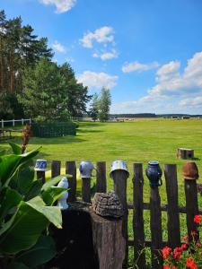 ein Holzzaun mit Schüsseln auf einem Feld in der Unterkunft Lansada in Zabór