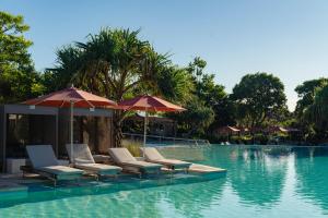 una piscina con lettini e ombrelloni di Elements Of Byron a Byron Bay