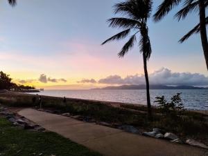 a beach with palm trees and the ocean at sunset at Classic Queenslander Suite in Townsville