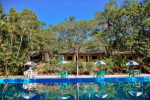 un complejo con piscina con sillas y sombrillas en Colinas de Cabreúva, en Cabreúva