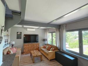 un soggiorno con un divano e una TV di FH "Schmetterling" am See im hessischen Bergland a Kirchheim