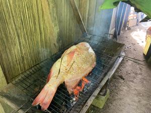 a fish is cooking on a grill at Les Lodges de La Buvette ÉCO LODGE RESTAURANT in Ile aux Nattes