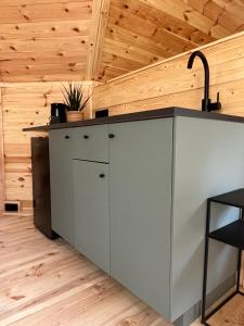 a kitchen with a counter in a room with wooden ceilings at Bed & Breakfast Voor De Wind in Slootdorp