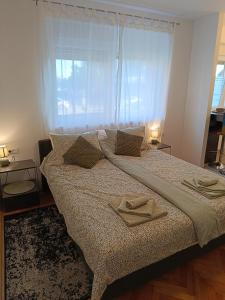 a bedroom with a large bed with two towels on it at Studio apartman Terezija in Županja