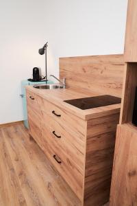 a wooden counter with a sink in a room at CalmApart Firmenrechnung mit MwSt in Kleinkötz +82 photos