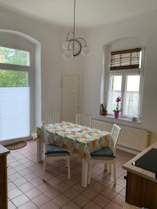a kitchen with a table and chairs in a room at Ferienwohnung am Tivoli in Freiberg