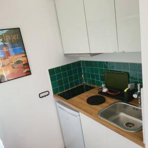 a kitchen with a sink and a laptop on a counter at Villa Hélène in Aix-en-Provence +19 photos