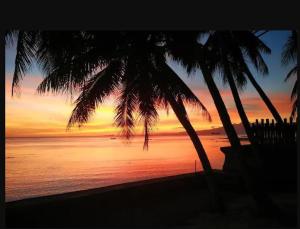 a sunset over the ocean with two palm trees at White Knight Double Family Room in San Juan