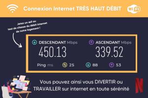 a sign that saysconservation internet ties half deficit and a table with a laptop at SERENITY Suite in Vénissieux +21 photos