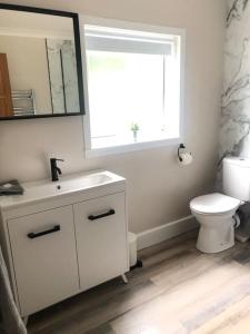 ein Badezimmer mit Toilette, Waschbecken und Spiegel in der Unterkunft Cottage in heart of Perthshire in New Scone + 5 Fotos