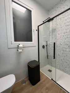 a bathroom with a shower and a toilet and a window at House Pajarillo in Vigo +52 photos