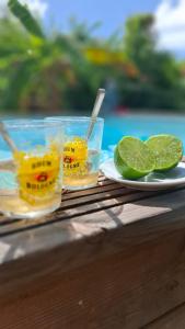 deux verres de limonade et une assiette de tranches de citron vert dans l'établissement Le Havre du Voyageur - Hibiscus, à Le Moule