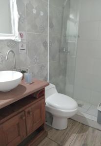 a bathroom with a toilet and a sink and a shower at El Olivo in Chacras de Coria +21 photos