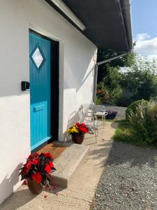 a blue door on a house with flowers on the steps at Fern Valley Tiny House in Virginia