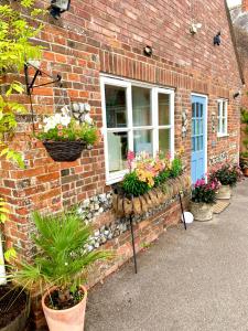 une maison en briques avec une fenêtre avec des plantes en pot dans l'établissement Daisy Cottage, à Child Okeford