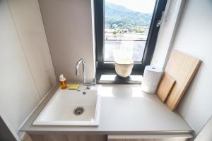 a bathroom with a sink and a window at Forest View Hideaway in Braşov +49 photos