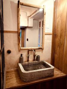 a bathroom with a stone sink and a mirror at La Tour du Marché in Allanche +20 photos