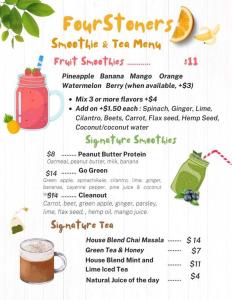 a menu for the fountiers smoothie and tea menu at FourStoners Boutique BNB in Belize City