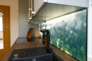 un bancone della cucina con una grande finestra sopra un lavandino di Ferienhof-Gerda-Ferienwohnung-Sternenhimmel a Oberkirnach