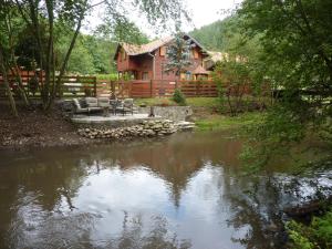 Sub CetateNagy Lak的小木屋前面设有池塘