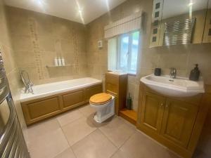 a bathroom with a tub and a toilet and a sink at Stunning character cottage near Keswick in Threlkeld +42 photos