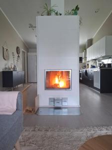 a living room with a fire place in a wall at Local Home Kangas in Rovaniemi