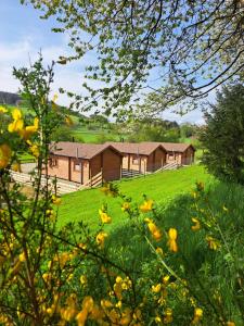 a field of green grass with houses in the background at Cobblehouse Country Cabins no TRADE WORKERS in Inverkeithny