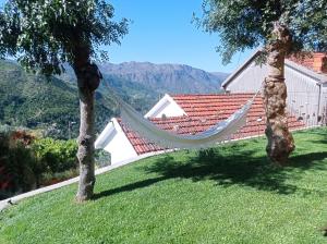 a hammock hanging from two trees in front of a house at Gerês e Cabreira - Romoa Vintage Guest House in Vieira do Minho