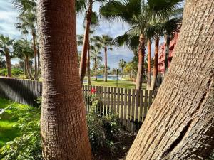 Un grupo de palmeras junto a una valla de madera. en PUSHE Playa Granada Beach & Golf 8, en Motril
