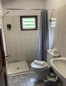 a bathroom with a toilet and a sink and a shower at Habitación en Terraza de Apartamentos Playa Hermigua in Hermigua
