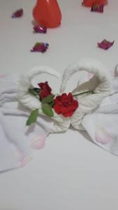 a bed with red roses on it with other items at Pousada das Letras in São Thomé das Letras +92 photos