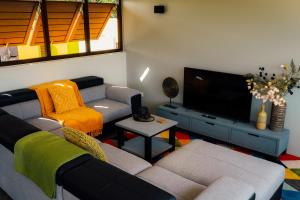 a living room with a couch and a television at Naturescape Villa Cozy - Sint Michiel in Sint Michiel