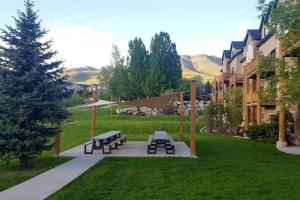 un groupe de tables de pique-nique et de bancs dans un parc dans l'établissement Wild Moose Ski Lodge, à Eden