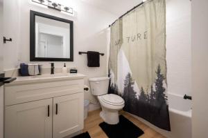 a bathroom with a toilet and a shower curtain at Villages Alpine Escape in Eden +38 photos