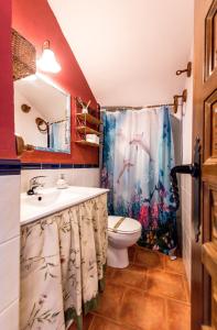 a bathroom with a sink and a toilet and a shower curtain at Las Cuevas Del Abismo in Alcalá del Júcar