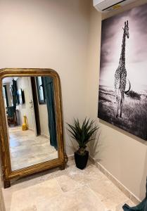 a mirror in a room with a giraffe picture on the wall at Évasion charme et jacuzzi en pleine nature in Grans
