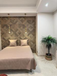 une chambre avec un lit et une plante en pot dans l'établissement Extraordinaire grand studio au centre 6 minutes à pied de la plage et l'hôtel Negresco, à Nice