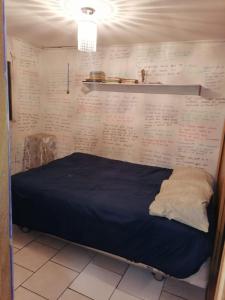 Bett in einem Zimmer mit Wandgemälde in der Unterkunft SE ARRIENDA 1 HABITACION CASA HUECHURABA, Villa Las Bandurrias in Santiago