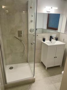 a bathroom with a shower and a sink at Modern Urban Studio Apartment S-Bahn 27QM for 6 persons Mercedes-Benz in Magstadt