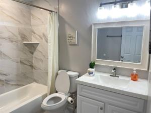 Un baño con lavabo, inodoro y bañera. en King Bed Suite, Fireside Hot Tub, Gameroom, en Auburndale