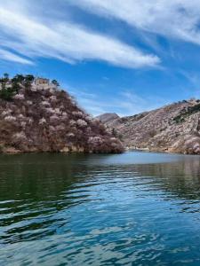 a view of a lake with a castle on a hill at Beijing Wuji Inn - The Great Wall of China Huanghuacheng in Beijing