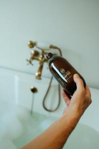 a person holding a hair dryer in front of a sink at Gabriëlskloof Farm House in Botrivier